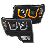 ANZO 2009-2014 Ford F-150 Projector Headlights w/ U-Bar Switchback Black w/ Amber - 111383