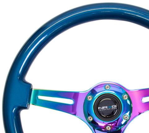 NRG Classic Wood Grain Steering Wheel (350mm) Blue Pearl/Flake Paint w/Neochrome 3-Spoke Center - ST-015MC-BL