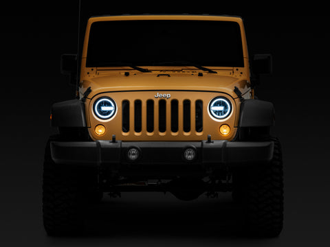 Raxiom 97-18 Jeep Wrangler TJ/JK 7-Inch LED Headlights w/ Halos- Black Housing (Clear Lens) - J155018