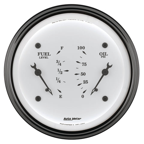 AutoMeter Gauge Dual Fuel & Oilp 3-3/8in. 0 Ohm(e) to 90 Ohm(f)& 100PSI Elec Old Tyme White - 1624