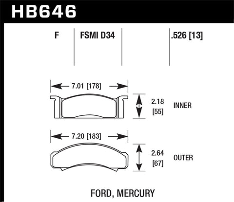 Hawk 68-73 Ford Mustang / 68-71 Torino / 68-71 Montego / 68-73 Cougar HPS Street Front Brake Pads - HB646F.526
