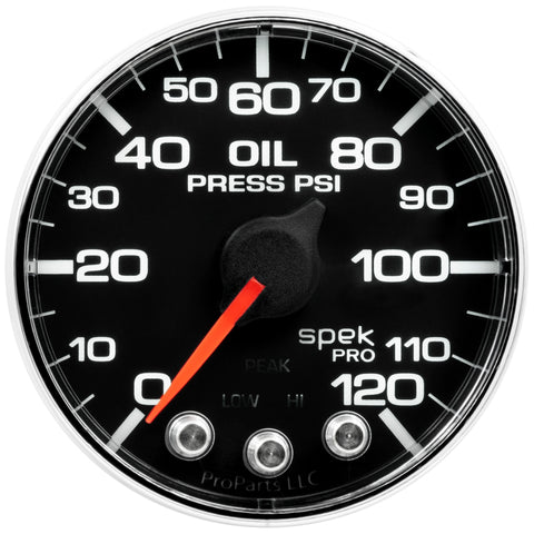 Autometer Spek-Pro Gauge Oil Press 2 1/16in 120psi Stepper Motor W/Peak & Warn Blk/Chrm - P325318