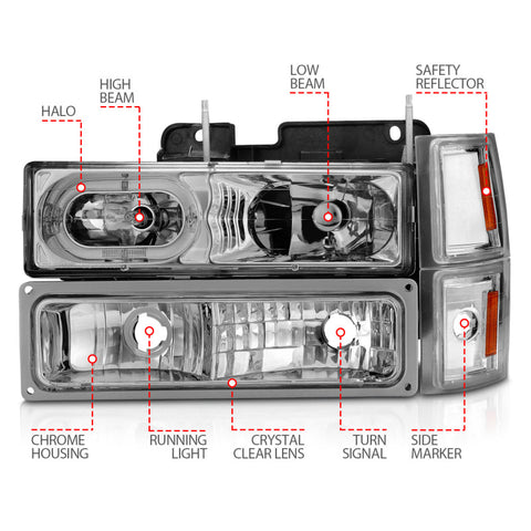 ANZO 88-98 Chevrolet C1500 Crystal Headlights Chrome Housing w/ Signal and Side Marker Lights - 111508