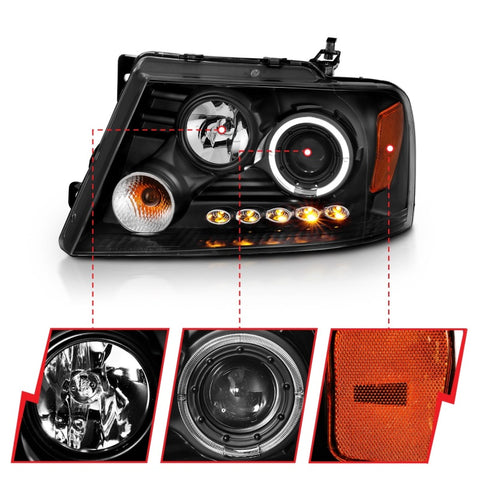 ANZO 2004-2008 Ford F-150 Projector Headlights w/ Halo and LED Black - 111028