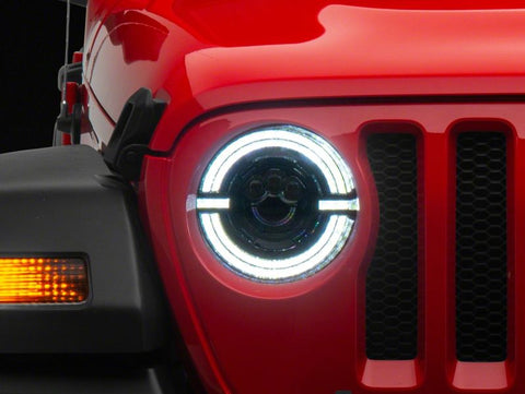 Raxiom 18-23 Jeep Wrangler JL Axial Series 9-In LED Angel Eye Headlights- Blk Housing (Clear Lens) - J167045