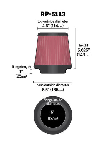 K&N Cone Filter 5in ID 6.5in base 4.5in top 5.625in height carbon fiber look - RP-5113