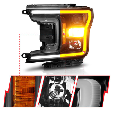 ANZO 2018-2020 Ford F-150 Projector Headlight w/ Plank Style Switchback Black Housing - 111509