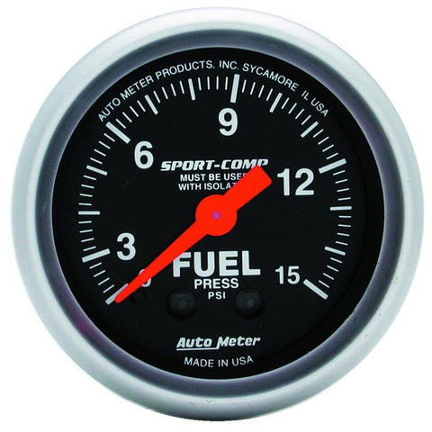 AutoMeter Gauge Fuel Pressure 2-1/16in. 15PSI Mechanical W/Isolator Sport-Comp - 3313