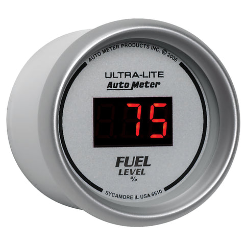 Autometer Ultra-Lite Digital 2-1/16in 0-280 OHM Silver Dial w/ Red LED Programmable Fuel Level Gage - 6510