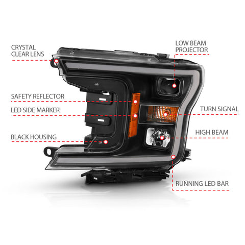 ANZO 2018-2019 Ford F-150 Projector Plank Style H.L. Black Amber (Without Switchback) - 111467