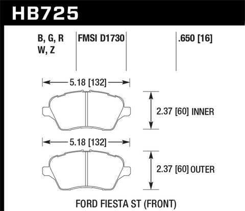 Hawk 2014 Ford Fiesta ST Performance Ceramic Front Brake Pads - HB725Z.650