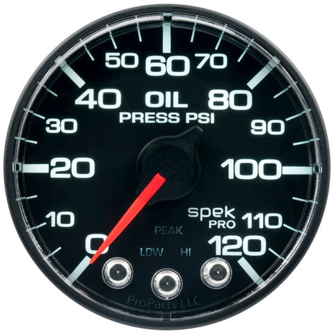 Autometer Spek-Pro Gauge Oil Press 2 1/16in 120psi Stepper Motor W/Peak & Warn Blk/Blk - P325324