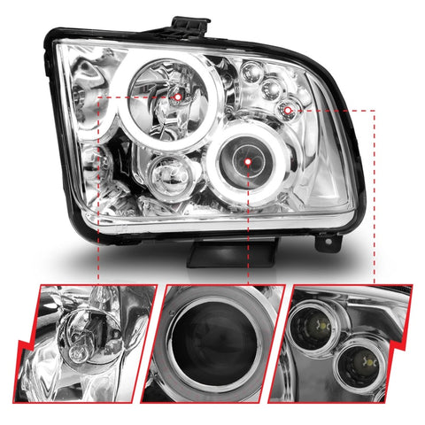 ANZO 2005-2009 Ford Mustang Projector Headlights w/ Halo Chrome - 121162