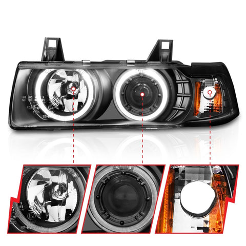 ANZO 1992-1998 BMW 3 Series E36 Projector Headlights w/ Halo Black G2 1 pc - 121325