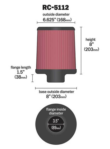 K&N Filter Universal Rubber Filter 3.5in Flange 6.625in Top 8in Height Center Hole - RC-5112