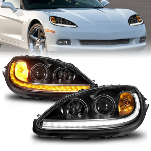 ANZO 05-13 Chevrolet Corvette Projector Headlights w/switchback & Sequential LED - Black Amber - 121571