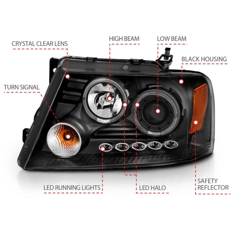 ANZO 2004-2008 Ford F-150 Projector Headlights w/ Halo and LED Black G2 - 111204