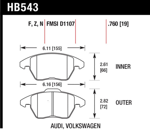 Hawk 2006-2009 Audi A3 TFSIi Quattro 2.0 HPS 5.0 Front Brake Pads - HB543B.760
