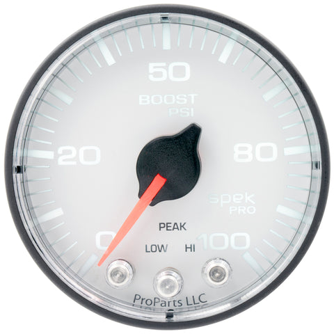 Autometer Spek-Pro 2 1/16in 100PSI Stepper Motor W/Peak & Warn White/Black Boost Gauge - P305128