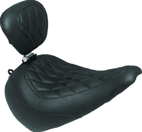 Mustang 18-21 Harley Fat Boy Wide Tripper Solo Seat w/Driver Backrest Diamond Stitch - Black - 83025