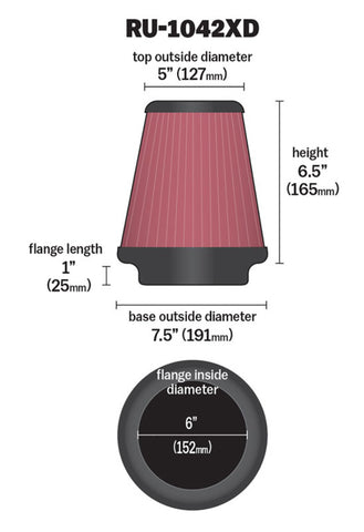 K&N Universal Clamp-On Air Filter 6in FLG / 7-1/2in B / 5in T / 6-1/2in H - RU-1042XD