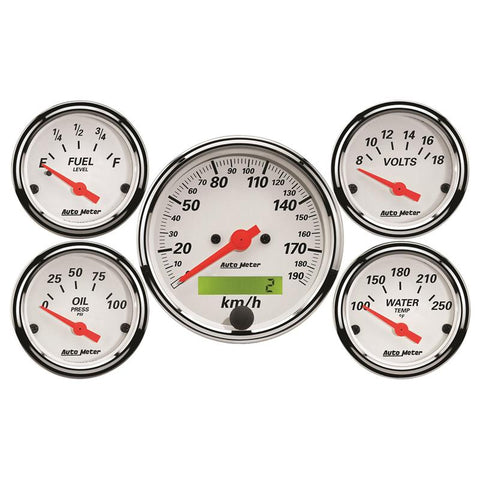 Autometer Arctic White 5 Pc Kit Box w/ Elec KMH Speedo, Elec Oil Press, Water Temp, Volt, Fuel Level - 1302-M