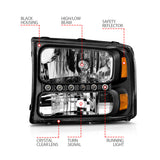 ANZO 2000-2004 Ford Excursion Crystal Headlights Black w/ LED 1pc - 111106