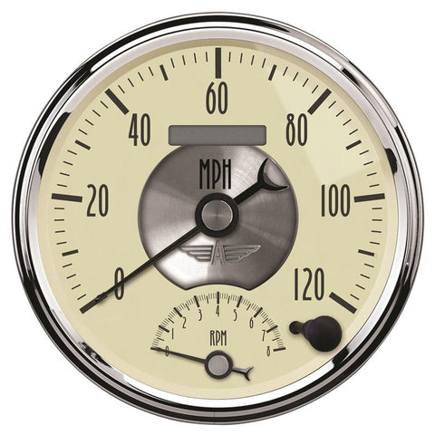 AutoMeter Gauge Tach/Speedo 5in. 120MPH & 8K RPM Elec. Program. Prestige Antique. Ivory - 2090
