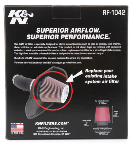 K&N Round Tapered Universal Air Filter 6in Flange ID x 7.5in Base OD x 5in Top OD x 6.5in Height - RF-1042