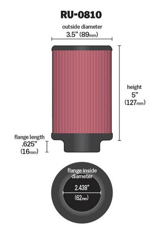 K&N Universal Rubber Filter 2.438in Flange ID x 3.5in OD x 5in Height for 97-98 Yamaha TDM850 - RU-0810