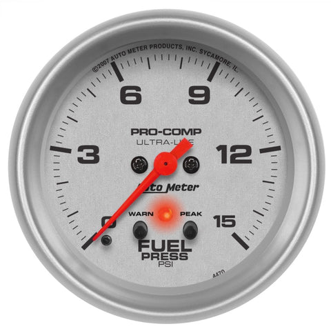Autometer Ultra-Lite 66.7mm Full Sweep Elec 0-15 PSI Fuel Pressure w/ Peak Memory & Warning Gauge - 4470