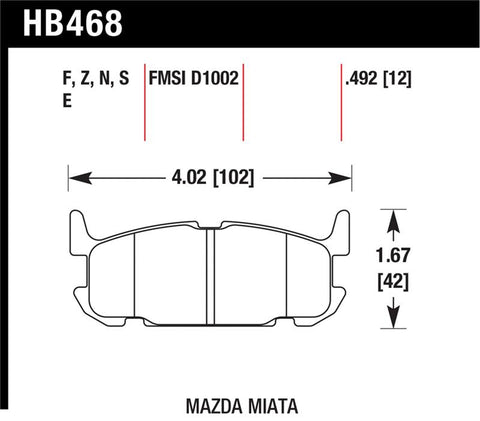 Hawk 03-05 Miata w/ Sport Suspension Blue 9012 Race Rear Brake Pads D1002 - HB468E.492