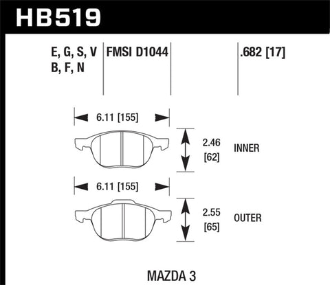 Hawk 04-11 Mazda 3S / 08-12 Volvo C30 HT-14 Race Front Brake Pads - HB519V.682