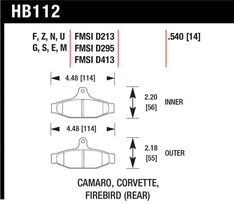 Hawk 84-96 Corvette /88.5-97 Pontiac Firebird HPS Street Rear Brake Pad - HB112F.540