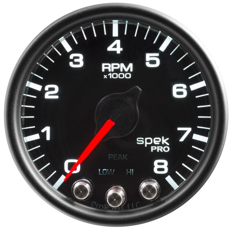 Autometer Spek-Pro Gauge Tach 2 1/16in 8K Rpm W/ Shift Light & Peak Mem Blk/Blk - P33432