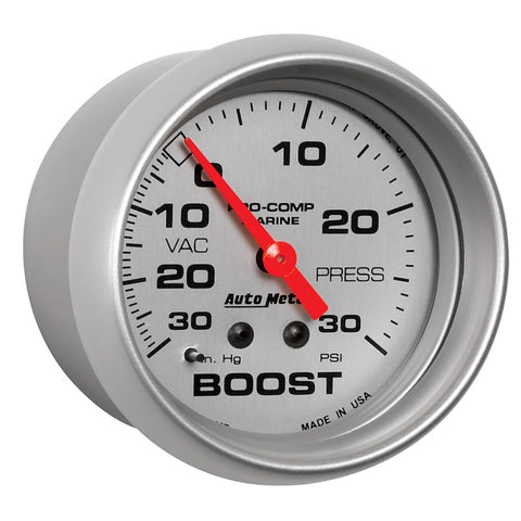 AutoMeter Marine Vac/Boost Gauge 2 5/8in 30INHG 30PSI Mechanical- Silver - 200775-33