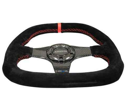 NRG Carbon Fiber Steering Wheel (320mm) Flat Btm. Blk Suede/Red Stitch w/CF Spokes & Red Center Mark - ST-019CF