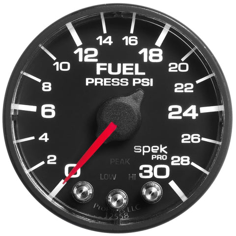 Autometer Spek-Pro Gauge Fuel Press 2 1/16in 30psi Stepper Motor W/Peak & Warn Blk/Blk - P316328