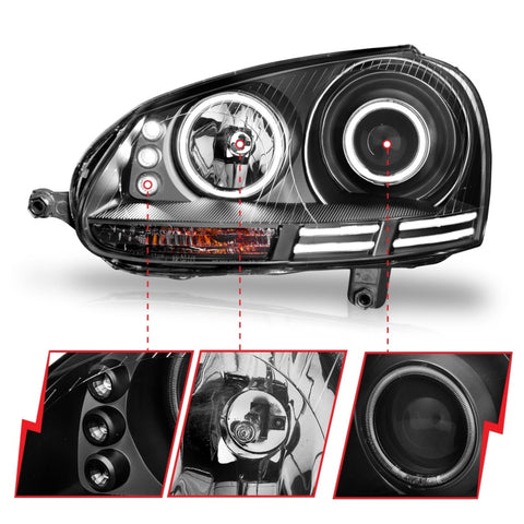 ANZO 2006-2009 Volkswagen Rabbit Projector Headlights w/ Halo Black (CCFL) - 121345