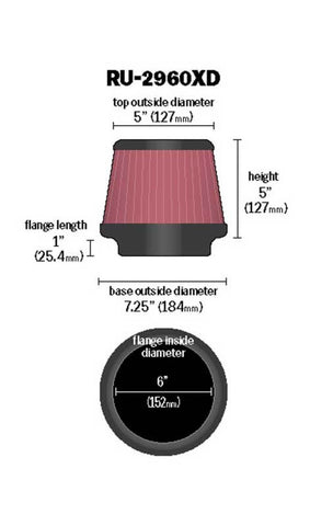 K&N Universal Tapered Filter 6in Flange ID x 7.5in Base OD x 5in Top OD x 5in Height - RU-2960XD