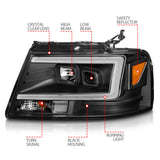 ANZO 2004-2008 Ford  F-150 Projector Headlights w/ Light Bar Black Housing - 111541