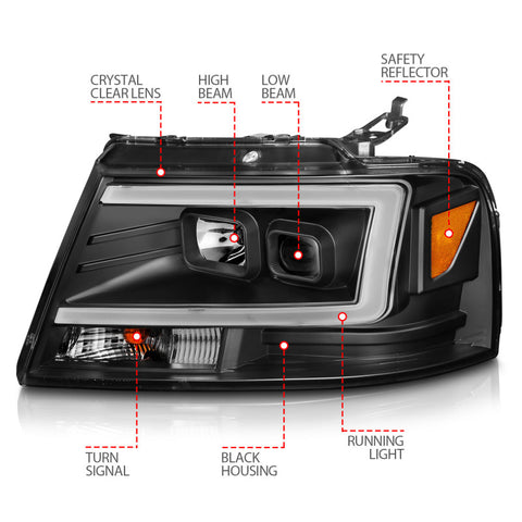 ANZO 2004-2008 Ford  F-150 Projector Headlights w/ Light Bar Black Housing - 111541