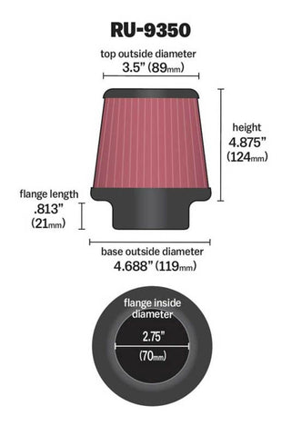 K&N Universal Clamp-On Air Filter 2-3/4in FLG / 4-11/16in B / 3-1/2in T / 4-7/8in H - RU-9350