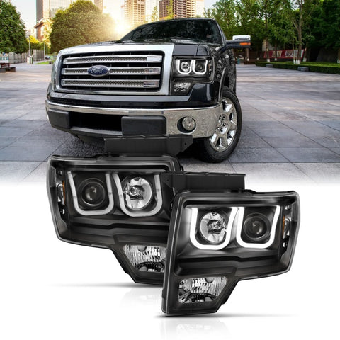 ANZO 2009-2014 Ford F-150 Projector Headlights w/ U-Bar Black Amber (HID TYPE) (WITHOUT HID KIT) - 111351