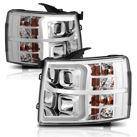 ANZO 07-13 Chevrolet Silverado 1500/2500/3500 Proj Headlights w/ Plank Style Switchback Chrome w/Amb - 111411