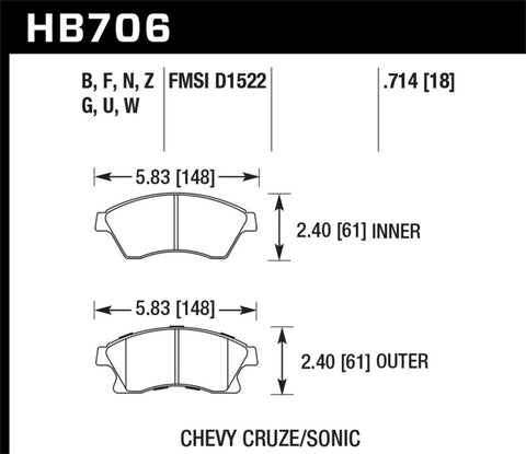 Hawk 11-12 Chevy Cruze Eco/LS/1LT/2LT/LTZ / 12 Sonic LS/LT/LTZ HP Plus Front Street Brake Pads - HB706N.714