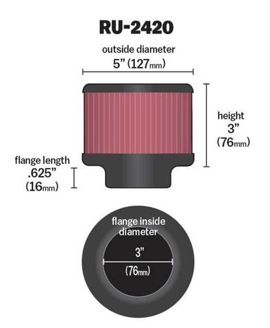 K&N Universal Rubber Filter 3 inch Flange 5 inch OD 3 inch Height - RU-2420