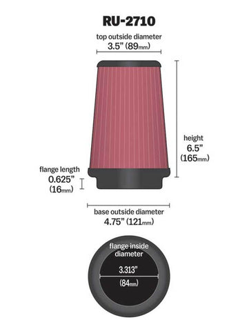K&N Universal Rubber Filter Round Tprd 3.313in Flange ID x 4.75in Base OD x 3.5in Top OD x 6.5in H - RU-2710