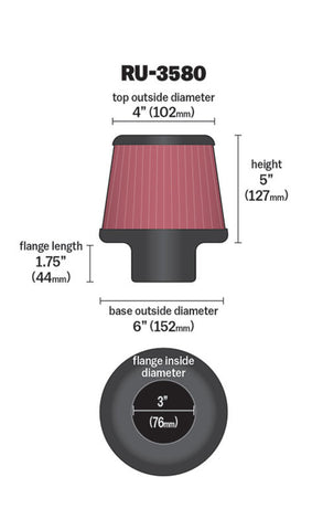 K&N Filter Universal Rubber Filter 3 Inch Flange 6 inch Base 4 inch Top 5 inch Height - RU-3580