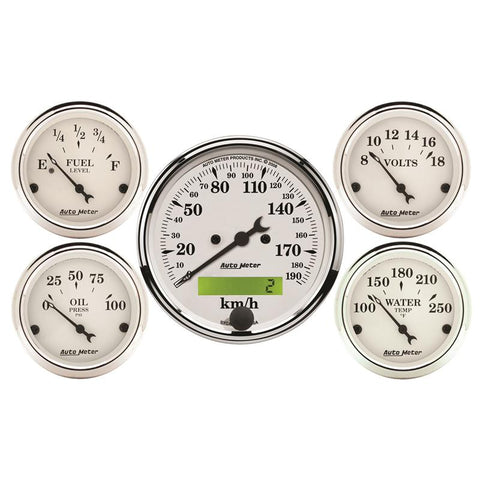 Autometer Old Tyme White 5 Pc Kit-Elec Speed(Km/H)/Elec Oil Press/Water Temp/Volt/Fuel Level - 1602-M